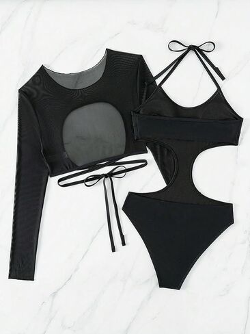 WDIRARA Women's 2 Piece Swimsuit Cut Out Halter One Piece with Long Sleeve Cover Up in Kuwait