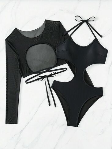 WDIRARA Women's 2 Piece Swimsuit Cut Out Halter One Piece with Long Sleeve Cover Up in Kuwait