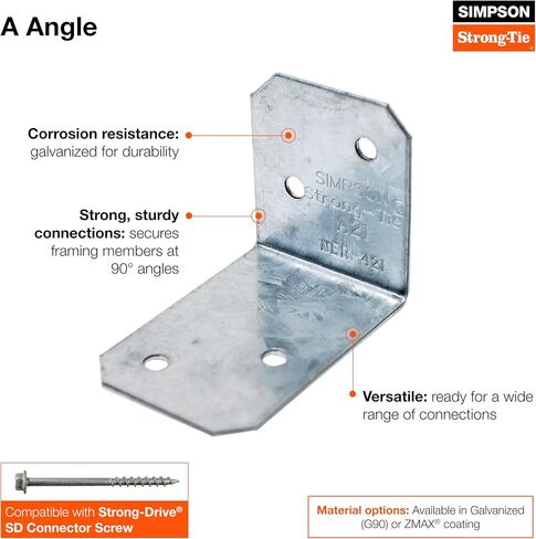 زاوية إطار Simpson Strong-Tie A21 A-Series - 2 بوصة (W1) × 1-1/2 بوصة (W2) × 1-3/8 بوصة (L) فولاذ مجلفن بالزنك عالي التحمل، موصل زاوية 90 درجة للخشب والإطار الهيكلي (عبوة من 200) in Kuwait