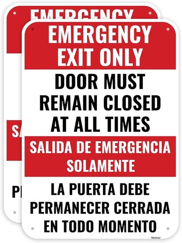 2PC Emergency Exit Only Sign Bilingual, 14 x 10 Inches - Aluminum - Dramatic Not An Exit Door Must Remain Closed At All Times in Kuwait