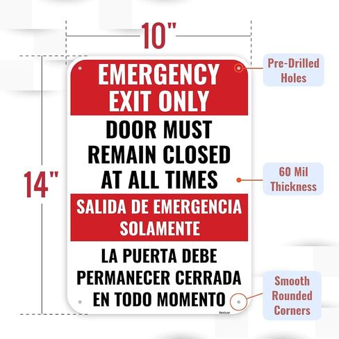 2PC Emergency Exit Only Sign Bilingual, 14 x 10 Inches - Aluminum - Dramatic Not An Exit Door Must Remain Closed At All Times in Kuwait