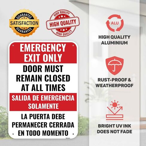 2PC Emergency Exit Only Sign Bilingual, 14 x 10 Inches - Aluminum - Dramatic Not An Exit Door Must Remain Closed At All Times in Kuwait