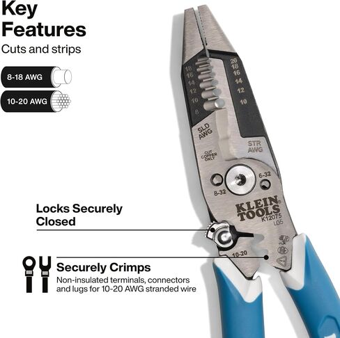 Klein Tools K12075 قشارة أسلاك شديدة التحمل، تصميم نحيف، أداة تقشير الأسلاك ذاتية الفتح، كماشة كهربائية مع قاطع مقص، أداة تقشير الكابلات in Kuwait