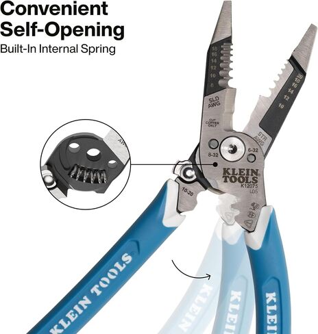 Klein Tools K12075 قشارة أسلاك شديدة التحمل، تصميم نحيف، أداة تقشير الأسلاك ذاتية الفتح، كماشة كهربائية مع قاطع مقص، أداة تقشير الكابلات in Kuwait