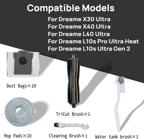 (23 قطعة) مجموعة استبدال فرشاة TriCut لـ Dreame X40 Ultra، X30 Ultra، L10s Pro Ultra Heat /L10s Ultra Gen 2، L40 Ultra، Mova E30 Ultra مكنسة كهربائية، فرشاة رئيسية، وسادات ممسحة، أكياس غبار in Kuwait