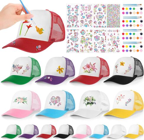 Aneco 32 Packs DIY Baseball Caps Hats, Adjustable Sport Ball Caps, White Creative Painting Baseball Cap with Acrylic Paint Strips and Brushes, Stickers for Outdoor Sports, Camp, Summer, Birthday in Kuwait