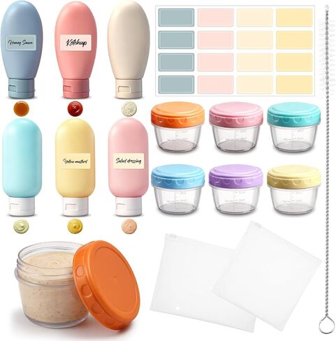 12 Pack 2 oz Salad Dressing Container Set, 6 Silicone Small Condiment Squeeze Bottles, 6 Sauce Containers Cups, with Sticker and Brush Leakproof Condiment Containers with Lid for Lunch Travel in Kuwait