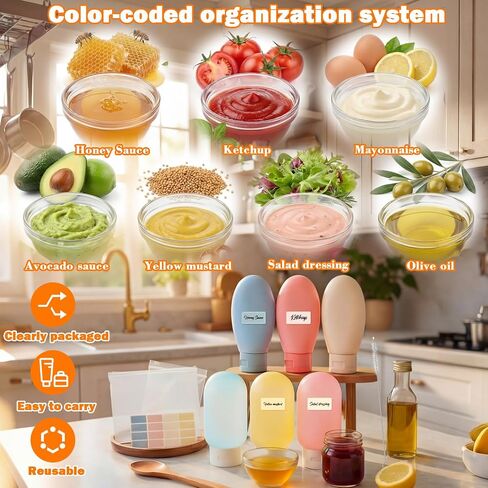 12 Pack 2 oz Salad Dressing Container Set, 6 Silicone Small Condiment Squeeze Bottles, 6 Sauce Containers Cups, with Sticker and Brush Leakproof Condiment Containers with Lid for Lunch Travel in Kuwait
