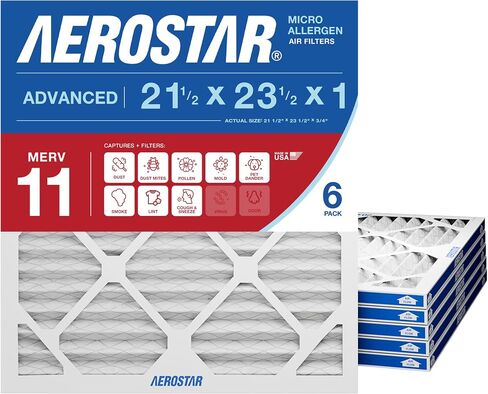 Aerostar 21 1/2x23 1/2x1 MERV 11 فلتر هواء مطوي عالي الكفاءة، 6 عبوات، استبدال فرن التيار المتردد الكهروستاتيكي، يلتقط الغبار وحبوب اللقاح ووبر الحيوانات الأليفة والدخان (21.5x23.5x0.75) in Kuwait