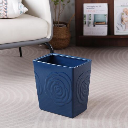 Deep Blue Ceramic Trash Can with Rose – 2.5 Gallon Small Bathroom & Kitchen Garbage Bin, Decorative Waste Basket for Bedroom, Office, Hotel – Elegant Floral Design, Heavy Duty (9 Liter, Gift Idea) in Kuwait