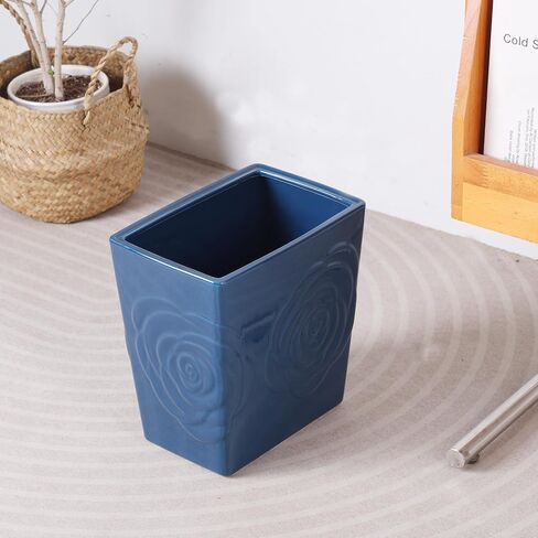 Deep Blue Ceramic Trash Can with Rose – 2.5 Gallon Small Bathroom & Kitchen Garbage Bin, Decorative Waste Basket for Bedroom, Office, Hotel – Elegant Floral Design, Heavy Duty (9 Liter, Gift Idea) in Kuwait