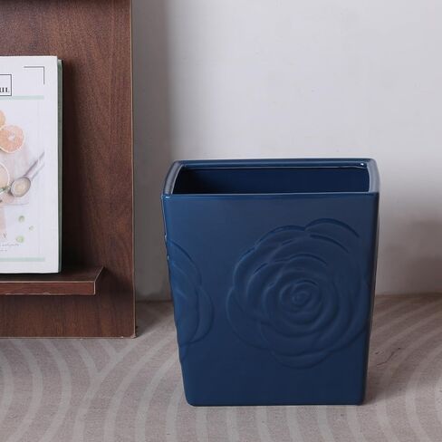 Deep Blue Ceramic Trash Can with Rose – 2.5 Gallon Small Bathroom & Kitchen Garbage Bin, Decorative Waste Basket for Bedroom, Office, Hotel – Elegant Floral Design, Heavy Duty (9 Liter, Gift Idea) in Kuwait
