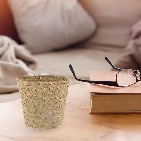 Abaodam Mini Woven Trash Can Seagrass Storage Basket Multifunctional Home Organizing Sundries Holder Wastebasket for Bedroom Bathroom Office in Kuwait