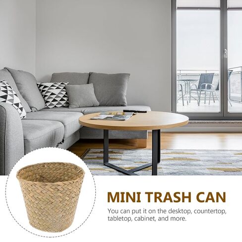 Abaodam Mini Woven Trash Can Seagrass Storage Basket Multifunctional Home Organizing Sundries Holder Wastebasket for Bedroom Bathroom Office in Kuwait