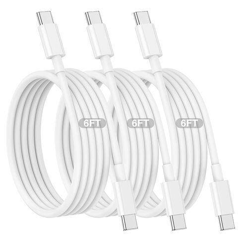 3 حزم كابل شحن USB-C إلى USB-C بطول 6 أقدام، سلك شحن سريع 60 وات PD من النوع C لهاتف iPhone 17/16/15 Pro Max Plus، iPad Pro/Air، MacBook Air/Pro، Samsung Galaxy S26/S25/S24، أبيض in Kuwait