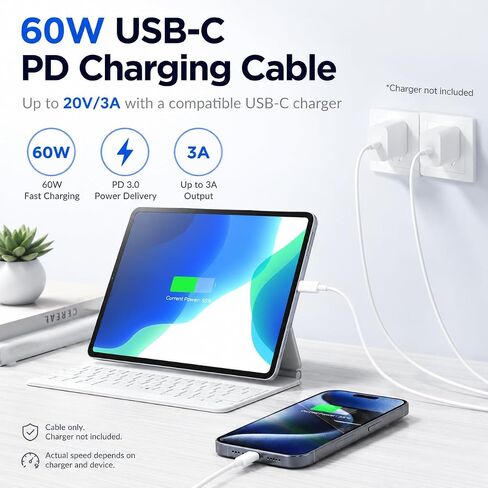 3 حزم كابل شحن USB-C إلى USB-C بطول 6 أقدام، سلك شحن سريع 60 وات PD من النوع C لهاتف iPhone 17/16/15 Pro Max Plus، iPad Pro/Air، MacBook Air/Pro، Samsung Galaxy S26/S25/S24، أبيض in Kuwait