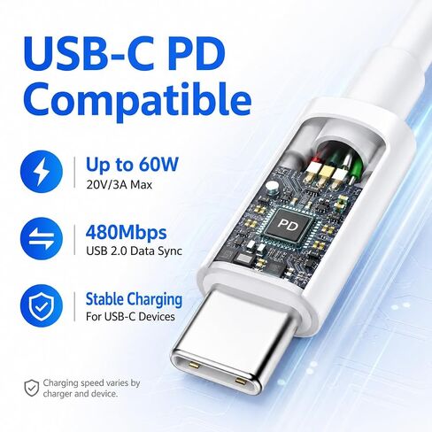 3 حزم كابل شحن USB-C إلى USB-C بطول 6 أقدام، سلك شحن سريع 60 وات PD من النوع C لهاتف iPhone 17/16/15 Pro Max Plus، iPad Pro/Air، MacBook Air/Pro، Samsung Galaxy S26/S25/S24، أبيض in Kuwait