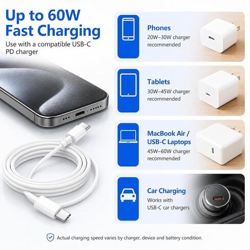 3 حزم كابل شحن USB-C إلى USB-C بطول 6 أقدام، سلك شحن سريع 60 وات PD من النوع C لهاتف iPhone 17/16/15 Pro Max Plus، iPad Pro/Air، MacBook Air/Pro، Samsung Galaxy S26/S25/S24، أبيض in Kuwait