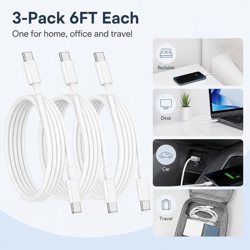 3 حزم كابل شحن USB-C إلى USB-C بطول 6 أقدام، سلك شحن سريع 60 وات PD من النوع C لهاتف iPhone 17/16/15 Pro Max Plus، iPad Pro/Air، MacBook Air/Pro، Samsung Galaxy S26/S25/S24، أبيض in Kuwait
