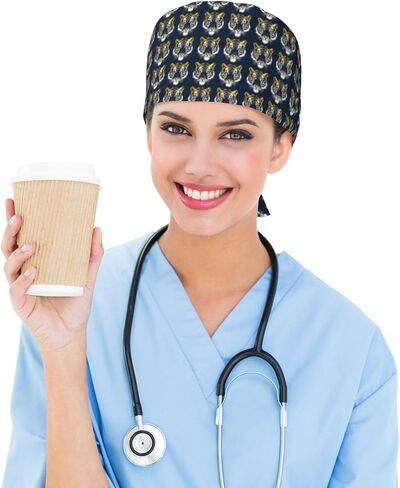 Cool Tiger Blue Gold Print Scrub Caps Women Men, Nurse Cap Surgical Caps Scrub Hats for Women Men, Adjustable Working Cap with Sweatband in Kuwait