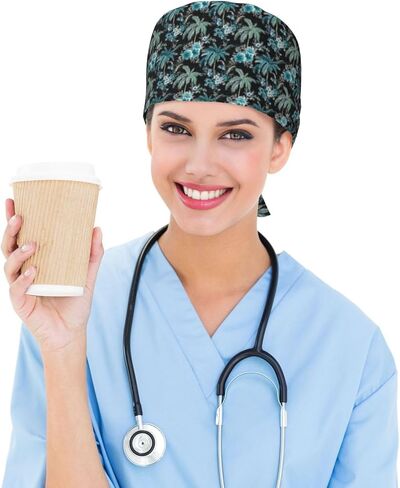 قبعات فرك مطبوعة بزهور شجرة النخيل الزرقاء للنساء والرجال، قبعة ممرضة قبعات جراحية قبعات فرك للنساء والرجال، قبعة عمل قابلة للتعديل مع عصابة رأس in Kuwait