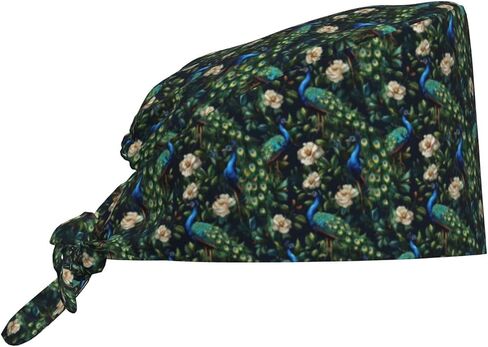 Vintage Floral Peacocks Print Scrub Caps Women Men, Nurse Cap Surgical Caps Scrub Hats for Women Men, Adjustable Working Cap with Sweatband Black in Kuwait