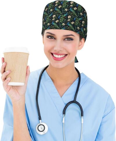 Vintage Floral Peacocks Print Scrub Caps Women Men, Nurse Cap Surgical Caps Scrub Hats for Women Men, Adjustable Working Cap with Sweatband Black in Kuwait