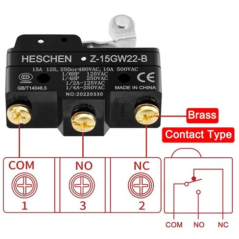 Heschen Micro Switch، Z-15GW22-B، رافعة دوارة بمفصلة قصيرة، 3 أطراف براغي، تيار مقدر 15 أمبير in Kuwait
