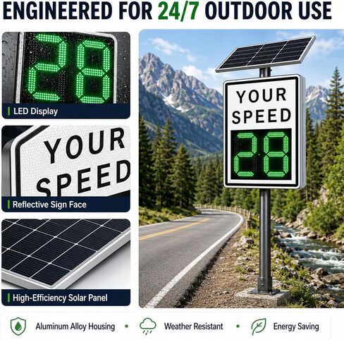 Speed Display Radar Traffic Sign, Solar Powered Radar Feedback Sign, Led Speed Limit Sign, with Instant Feedback and Remote Control, Adjustable Miles and Kilometers White 35"X 24" (Yellow, 27"x 21") in Kuwait