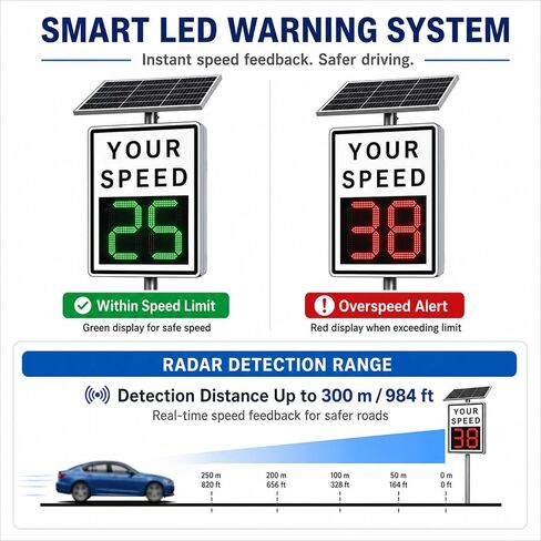 Speed Display Radar Traffic Sign, Solar Powered Radar Feedback Sign, Led Speed Limit Sign, with Instant Feedback and Remote Control, Adjustable Miles and Kilometers White 35"X 24" (Yellow, 27"x 21") in Kuwait
