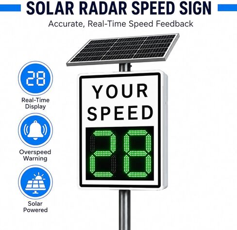 Speed Display Radar Traffic Sign, Solar Powered Radar Feedback Sign, Led Speed Limit Sign, with Instant Feedback and Remote Control, Adjustable Miles and Kilometers White 35"X 24" (Yellow, 27"x 21") in Kuwait