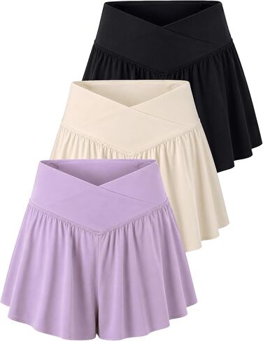3 Pack Women's Crossover Athletic Flowy Shorts with Pockets, High Waisted Butterfly Shorts for Tennis, Workout, Gym in Kuwait