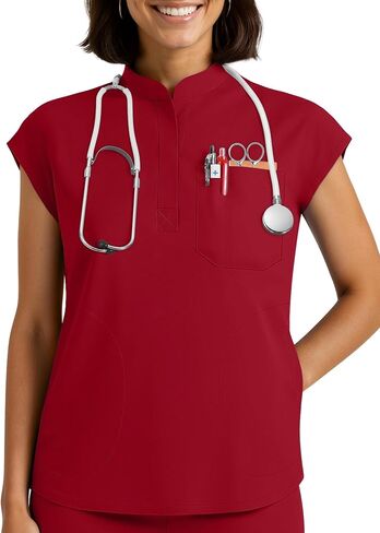 Women Slim Fit Stand Collar Medical Scrub Top 4 Pockets | Slim Fit Stand Collar, 4 Multi-Functional Pockets, Soft Fabric, Wrinkle-Free & Easy Care Medical Scrub in Kuwait