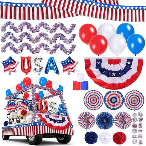 106 Pcs Golf Cart Decorations Kit, 4th of July Patriotic Parade Car Decoration, Red White Blue Tinsel Garlands&Balloons, Pleated Fan Flag, Paper Fans, Pom Poms for Independence Day Memorial Day in Saudi Arabia