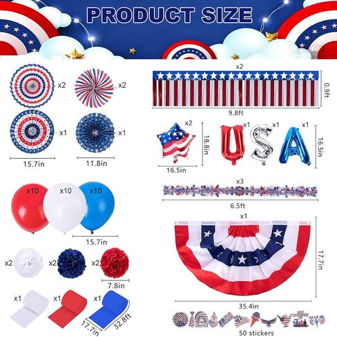 106 Pcs Golf Cart Decorations Kit, 4th of July Patriotic Parade Car Decoration, Red White Blue Tinsel Garlands&Balloons, Pleated Fan Flag, Paper Fans, Pom Poms for Independence Day Memorial Day in Saudi Arabia
