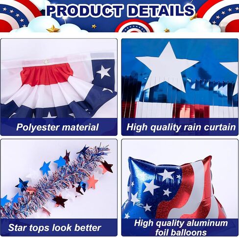 106 Pcs Golf Cart Decorations Kit, 4th of July Patriotic Parade Car Decoration, Red White Blue Tinsel Garlands&Balloons, Pleated Fan Flag, Paper Fans, Pom Poms for Independence Day Memorial Day in Saudi Arabia