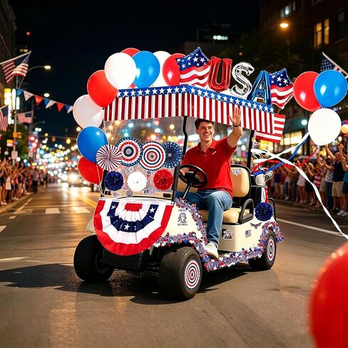106 Pcs Golf Cart Decorations Kit, 4th of July Patriotic Parade Car Decoration, Red White Blue Tinsel Garlands&Balloons, Pleated Fan Flag, Paper Fans, Pom Poms for Independence Day Memorial Day in Saudi Arabia