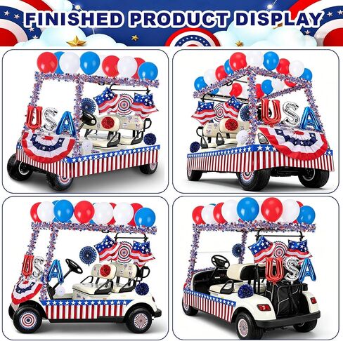 106 Pcs Golf Cart Decorations Kit, 4th of July Patriotic Parade Car Decoration, Red White Blue Tinsel Garlands&Balloons, Pleated Fan Flag, Paper Fans, Pom Poms for Independence Day Memorial Day in Saudi Arabia