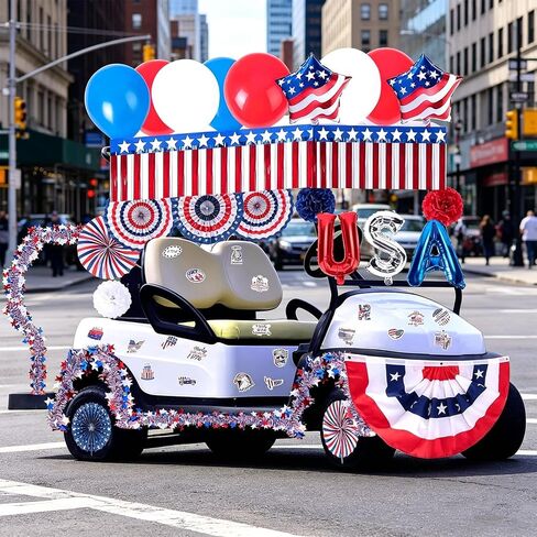106 Pcs Golf Cart Decorations Kit, 4th of July Patriotic Parade Car Decoration, Red White Blue Tinsel Garlands&Balloons, Pleated Fan Flag, Paper Fans, Pom Poms for Independence Day Memorial Day in Saudi Arabia
