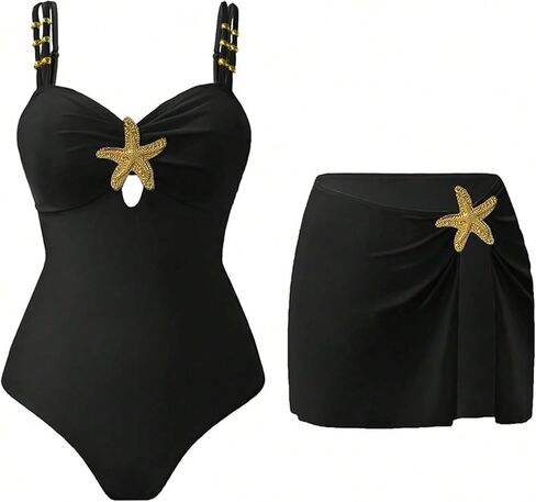 Women's One Piece Swimsuit with Swim Skirt Gold Starfish Embellished Tummy Control Bathing Suit in Kuwait