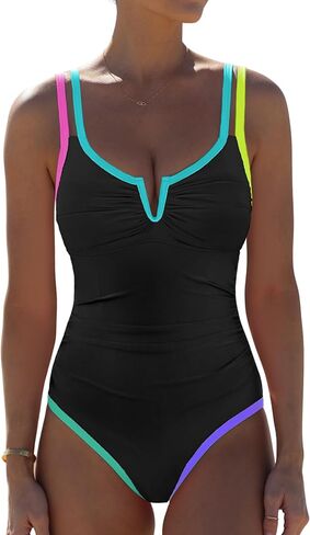 popvil Women One Piece Swimsuits Tummy Control - Sexy Cutout V Neckline Neon Bathing Suit Slimming Swim Suits in Kuwait