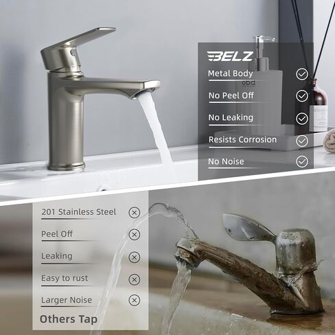 BELZ Brushed Nickel Bathroom Faucet – Tool-Free Single Hole Sink Faucet, Spot-Resistant Finish, Pre-Installed 24" Supply Lines Extra Leak-Proof Washers for Pipe Repair in Kuwait