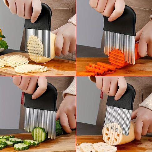 1PC Stainless Steel Wavy Cutter, Multi-functional Wave Blade for Fruits, Vegetables, Salads, Durable Blade for French Fries, Carrot Slices,Essential Kitchen Gadget (Black) in Kuwait