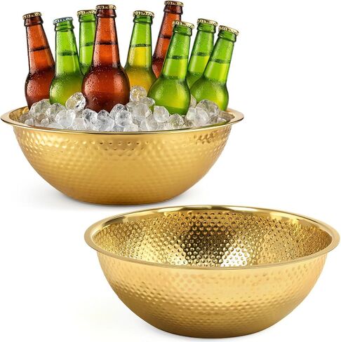 2 Pcs Large Gold Hammered Stainless Steel Beverage Tub 15.35x5.12 Inch, 16.4 Qt Leak-proof Ice Bucket for Parties, Champagne Wine Chiller Bowl, Luxury Drink Cooler for Wedding, Mimosa Bar in Kuwait