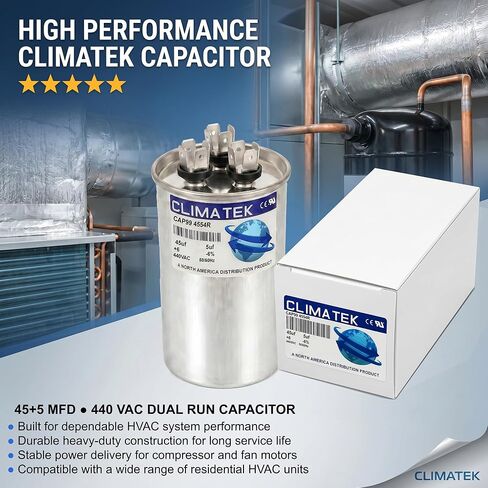 مكثف دائري ClimaTek يحل محل Goodman # CAP050450440RTS | 45/5 فائق التوهج MFD، 370/440 فولت تيار متردد، تشغيل مزدوج in Kuwait