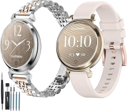 سوار معدني 14 مم مناسب لـ Garmin Lily 2 active/Lily 2 Women، قطعتان من الفولاذ المقاوم للصدأ قابلان للتعديل + أشرطة معصم بديلة من السيليكون متوافقة مع Garmin Lily 2 active مع أداة إزالة الرابط in Kuwait