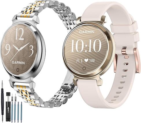 سوار معدني 14 مم مناسب لـ Garmin Lily 2 active/Lily 2 Women، قطعتان من الفولاذ المقاوم للصدأ قابلان للتعديل + أشرطة معصم بديلة من السيليكون متوافقة مع Garmin Lily 2 active مع أداة إزالة الرابط in Kuwait