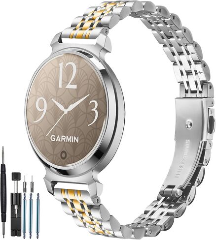 سوار معدني 14 مم مناسب لـ Garmin Lily 2 active/Lily 2 Women، قطعتان من الفولاذ المقاوم للصدأ قابلان للتعديل + أشرطة معصم بديلة من السيليكون متوافقة مع Garmin Lily 2 active مع أداة إزالة الرابط in Kuwait