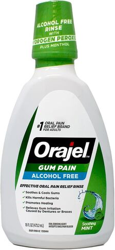 Orajel 2X شطف آلام اللثة العلاجي، شطف الفم لتخفيف آلام الفم خالي من الكحول مع بيروكسيد الهيدروجين 1.5% + المنثول، النعناع المهدئ، 16 أونصة سائلة in Kuwait