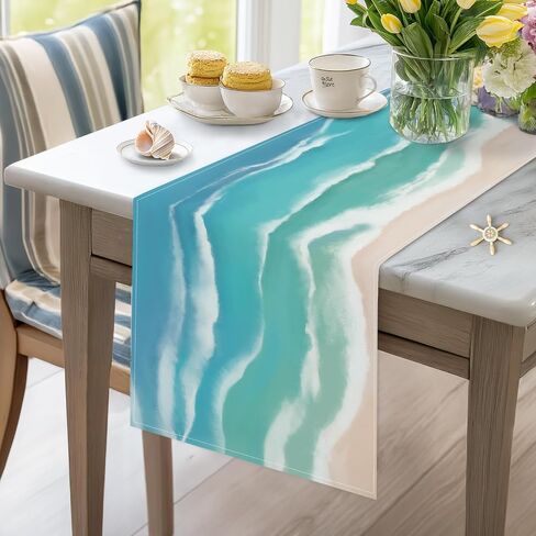Bonhause Coastal Beach Table Runner 13x72 Inch Teal Blue Summer Ocean Kitchen Dinning Table Decoration for Indoor Outdoor Home Party Decor in Kuwait